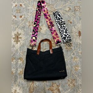 Black Quilted Tote Bag with Brown Handles and Interchangeable Leopard Straps